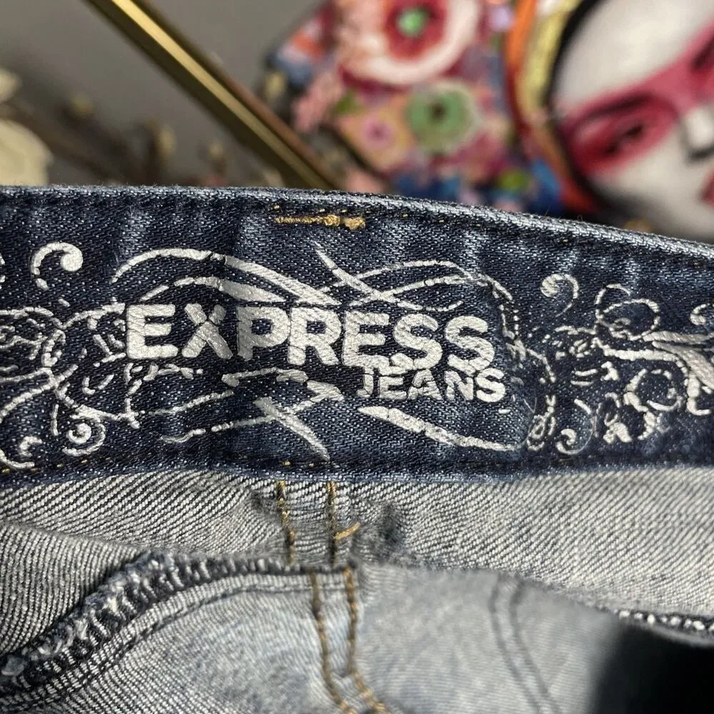 Express Bootcut Jeans Womens 12 Blue Y2K Embroidered Denim Western Low Rise